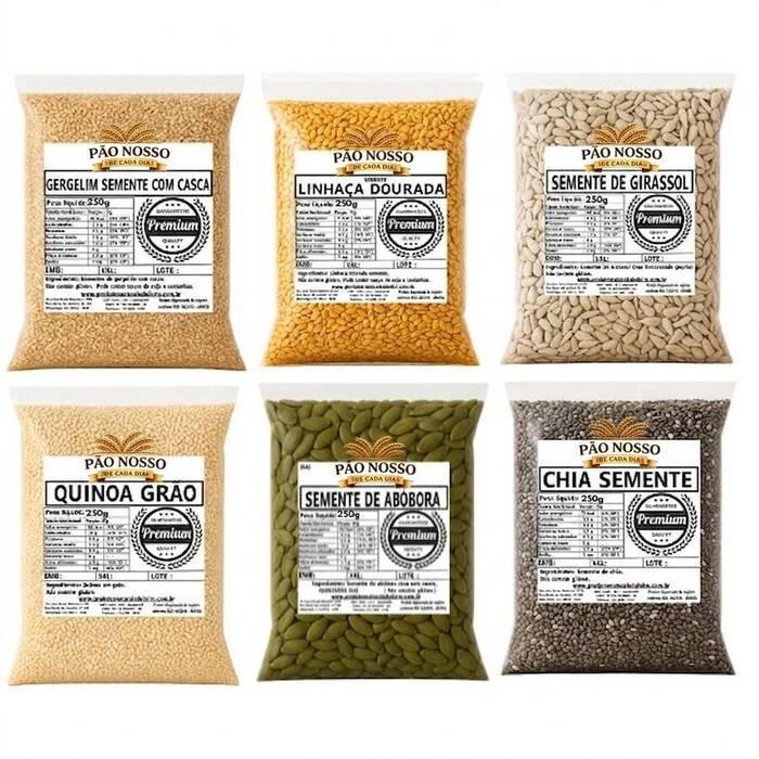 Kit Gergelim, Linhaça, Girassol, Quinoa, Abóbora e Chia (250grs de Cada)