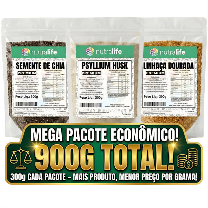Kit de Sementes Chia + Linhaça + Psyllium Fibras Low Carb Total 900g