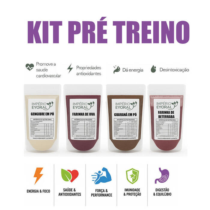 Kit Pré Treino Natural - Guaraná Gengibre em Pó Farinha de Beterra Uva - MAIS VENDIDO