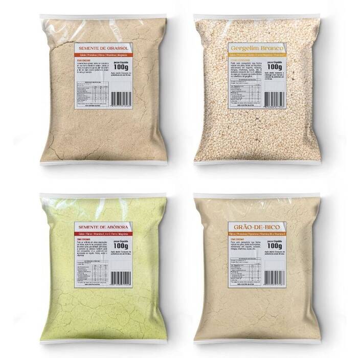 Kit Semente de Gergelim, Farinha de Abobora, Farinha de Girassol e Grão de Bico em pó